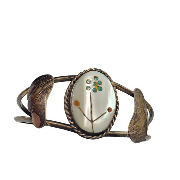 Zuni Jewelry Sterling Cuff Bracelet Coral Turquoise MOP 17g Native American 6" - Picture 6 of 16